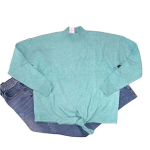 NWT LOFT Heather Teal Blue/Green Tie Hem Soft Mockneck Sweater